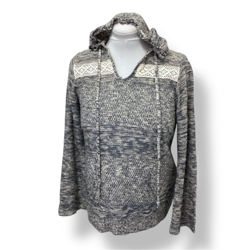 One World Women’s Long Sleeve V Neck Knit Sweater Hoodie Boho Blue/Cream PL